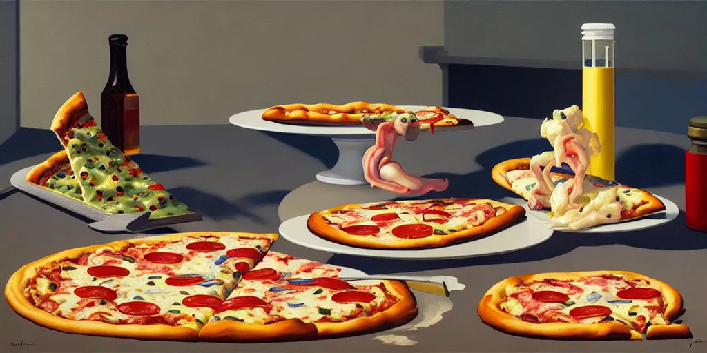Prompt: an achingly beautiful still life featuring tillamook cheese and Pizza very coherent, painted by Edward Hopper, Wayne Barlowe, painted by James Gilleard, airbrush, art by JamesJean
