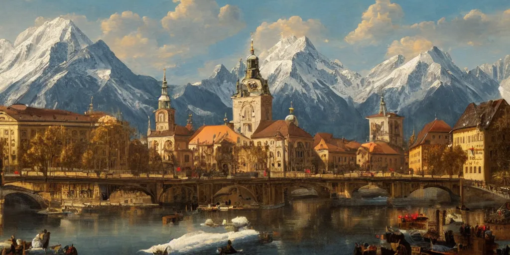 Prompt: a beautiful classical landscape painting of munich frauenkirche with the alps in the background, mountains, snow, oil on canvas, highly detailed, 4 k, hd