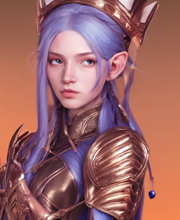 Image similar to a beautiful and highly detailed digital portrait of a dignified elf with long blue hair in rose gold armor by artgerm and lu ji, centered, artsation contest winner, cgsociety, fantasy art, cryengine, concept art, photorealism, daz 3 d, sketchfab, zbrush, vray