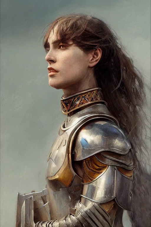 Prompt: an upper body portrait of a female knight, oil painting, by Fernanda Suarez and and Edgar Maxence and greg rutkowski and julie bell