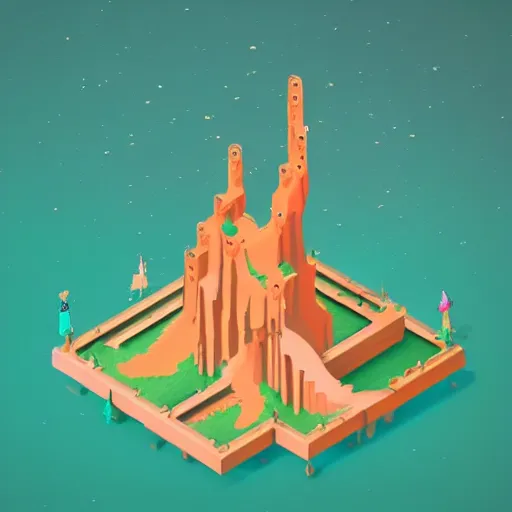 Prompt: a stunning minimalist isometric view of a fantasy castle deep within a vast cave, spiralling waterfalls and beautiful plants, intricate details, in the style of monument valley