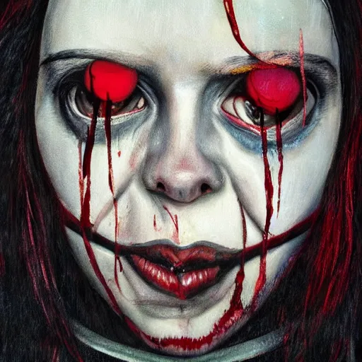 Image similar to grunge painting of billie eilish with her face split down the middle with a wide smile and a red balloon by chris leib, loony toons style, pennywise style, corpse bride style, horror theme, detailed, elegant, intricate