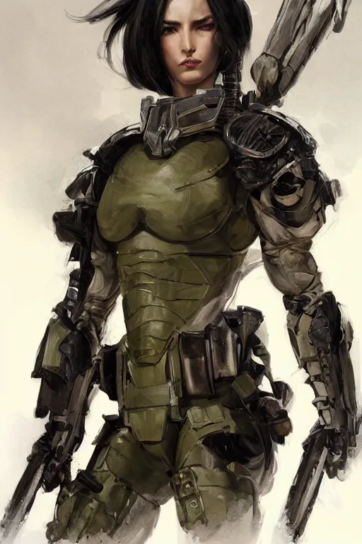 Image similar to a professionally painted portrait of an attractive young woman clothed in military-style battle armor, olive skin, long dark hair, beautiful bone structure, symmetrical facial features, intricate, elegant, hero shot, digital painting, concept art, smooth, sharp focus, illustration, finely detailed, from Metal Gear by Ruan Jia and Mandy Jurgens and Artgerm and William-Adolphe Bouguerea, award winning, trending on Artstation