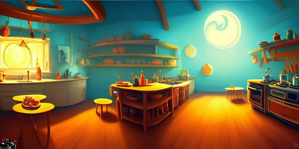 Image similar to spiral lines, naive nerikomi, weird perspective, extra narrow, detailed illustration of a kitchen dimly lit by rhads from lorax movie, trending artstation, true color, fisheye, moonlight