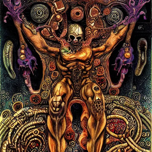 Image similar to depraved cybernetic demon, lsd, mushrooms, circuitry, intricate detail, klimt, frazetta, giger,