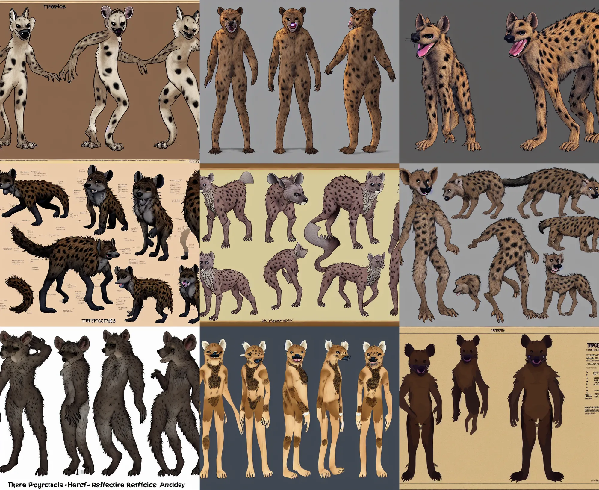 Image similar to three - perspective furry reference sheet ( front / back / side ), hyena fursona, high - resolution, trending on weasyl