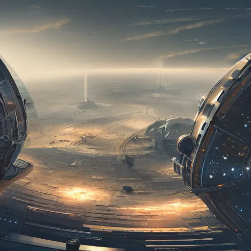 Image similar to spaceport, futuristic, matte, painting, trending on artstation, incredible post - processing lighting, extreme detail, wide angle shot, epic scenery, epic scale, centered composition, cinematic composition, use rule of thirds, high details, intricate details