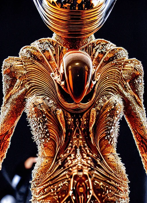 Image similar to walking down the catwalk, stage, vogue photo, podium, fashion show photo, iris van herpen baroque dress, beautiful woman, perfect body, full body shot, helmet on face, inflateble shapes, masterpiece, guyver, giger, biomechanical details, denis villeneuve, movie still, fauvism, cinestill, bokeh, artstation