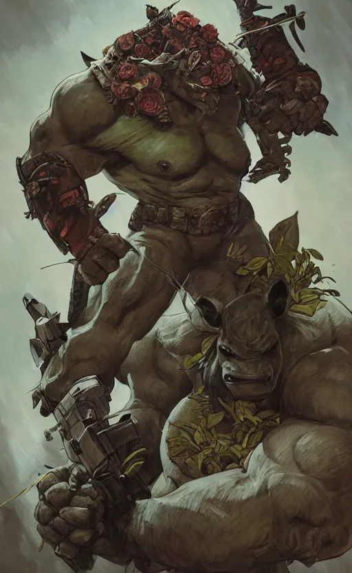 Prompt: rocksteady from tmnt, rhino, rugged, handsome, male, detailed face, clean lines, atmospheric lighting, amazing, full body, thighs, flowers, muscular, intricate, highly detailed, digital painting, deviantart, concept art, sharp focus, illustration, art by greg rutkowski and alphonse mucha