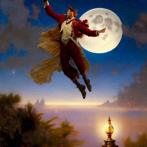 Image similar to attractive male wizard magically floating and flying high in the night sky, fantasy, full moon in background. highly detailed painting by gaston bussiere, craig mullins, j. c. leyendecker, mid shot, 8 k