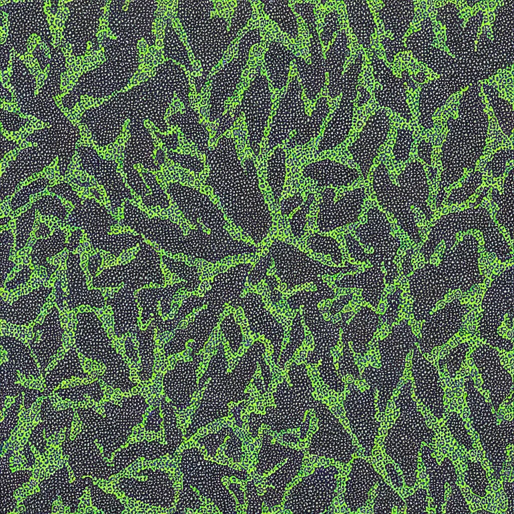 Prompt: camo made of out cannabis, smiling, abstract, maya bloch artwork, do hoang tuong artwork, cryptic, dots, stipple, lines, abstract, geometry, splotch, concrete, color tearing, uranium, acrylic, neon, pitch bending, cannabis plant leaves, faceless people, dark, ominous, eerie, minimal, points, technical, painting