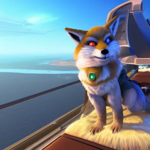 Image similar to high quality photo of star fox, fox mccloud, looking out at the ocean at sunset realism 8k award winning photo