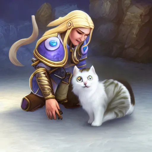 Image similar to jaina proudmoore pets a white kitty, world of warcraft, digital art, dmitry prozorov style, artstation, cute, happy, extremely detailed, volumetric lighting, ultra quality, 8 k