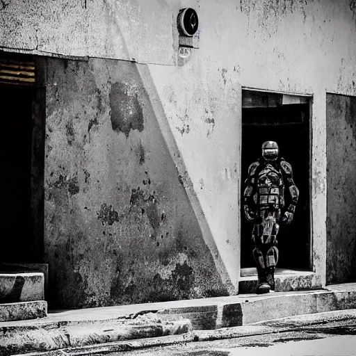 Prompt: “portrait of an ODST walking through the streets of New Mombasa”
