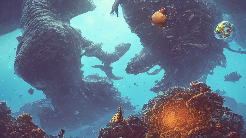 Prompt: An astronaut is under the sea, he has a big egg, he is swimming away from the giant leviathan that is behind hunting him, the leavithan is evil, this is an extravagant planet with wacky wildlife and some mythical animals, the background is full of ancient ruins, the ambient is dark with a terrifying atmosphere, by Jordan Grimmer digital art, trending on Artstation,