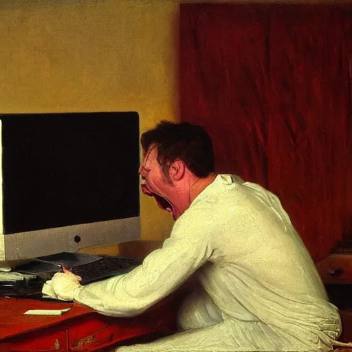 Image similar to an angry man screams at his computer monitor, oil on canvas, 1 8 8 3, highly detailed