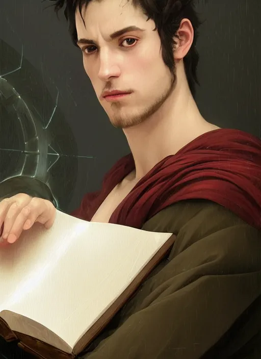 Prompt: character concept portrait of an attractive young focused Spanish wizard with pale red skin enchanting an arousal spell, a floating iridescent spell book in the center, intricate, elegant, digital painting, concept art, smooth, sharp focus, illustration, from Metal Gear, by Ruan Jia and Mandy Jurgens and William-Adolphe Bouguereau, Artgerm
