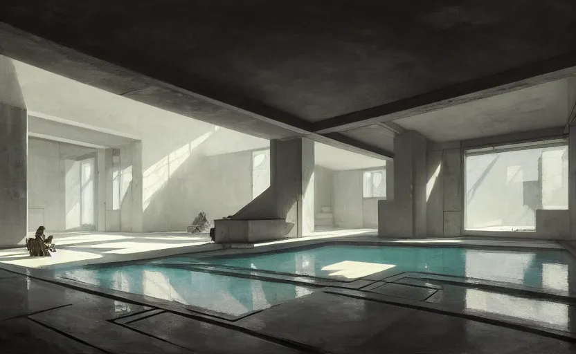 Prompt: painting of interior shot of a white concerete brutalist house architecture with big pools by darek zabrocki, alphonse mucha and greg ruthkowski, cinematic and cold atmospheric, archillect concept art, artstation, trending on artstation