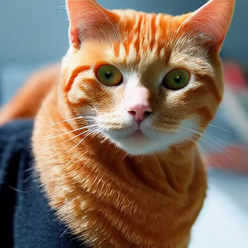 Prompt: photo of a human and orange tabby cat hybrid