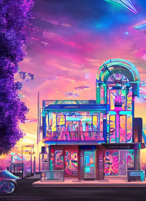 Image similar to iridescent hair salon at sunrise Details to include : * bus * cars * popcorn machine digital art, full shot RPG, official media, beautiful, detailed, high quality, wallpaper 4K, epic, trending on artstation and behance, dynamic lightning ,