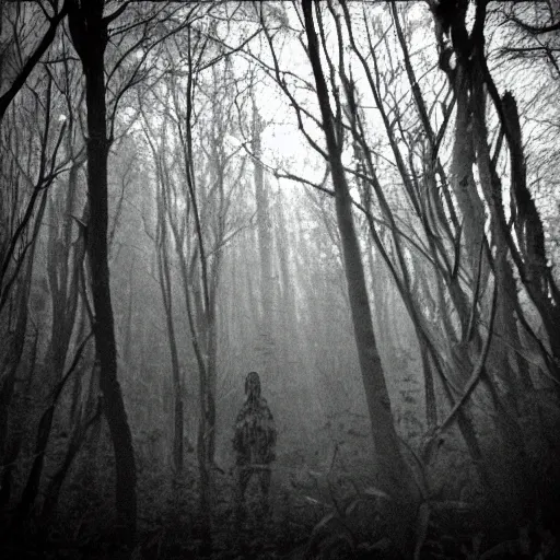 Image similar to grainy trail cam photo still of an alien in the woods at night hiding in the trees of a forest