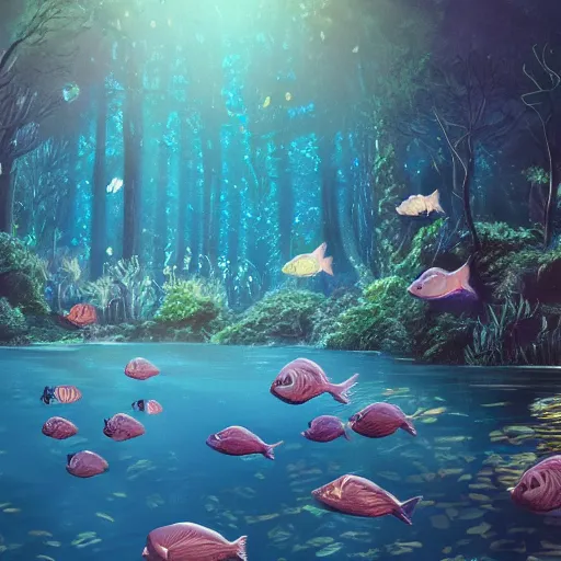 Image similar to school of fish swimming in the magical forest under the water , dreamy, magical effect, glowing effect, devianart, artstation, hyperreal, hyperdetailed, illustration