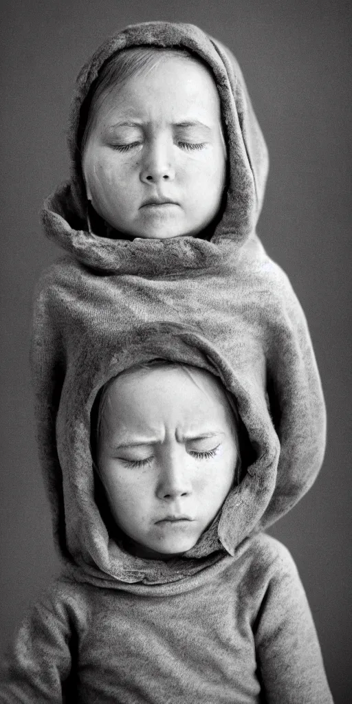 Image similar to High resolution black and white portrait with a 35mm F/5.0 lens of a single child, single head, from Soviet Russia with eyes closed with a sorrowful face about to cry.