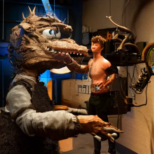 Image similar to animatronic Seth Rogen, exposed mechanics, photo, Stan Winston studios, detailed, 4k