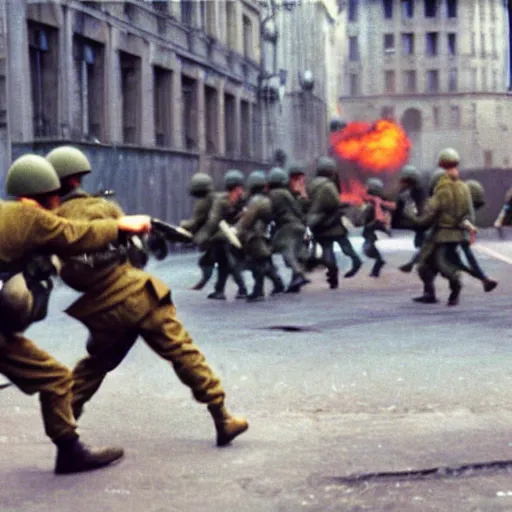 Prompt: fighting on the streets, paris, soviet soldiers against nato soldiers, world war 3, military equipment, image in photorealistic art style, a very high - quality picture taken on camera from the 9 0 s