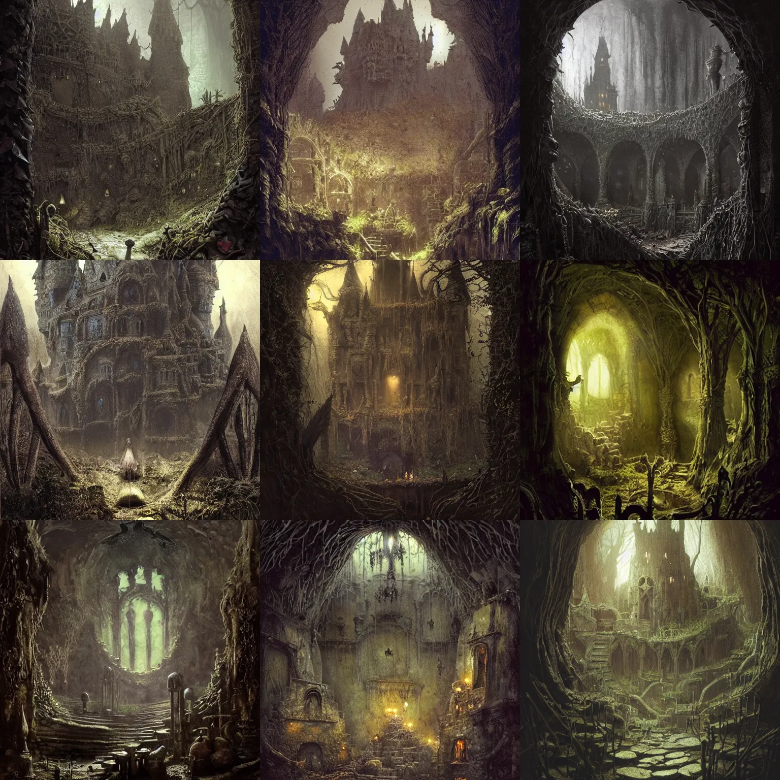 Prompt: a strange, dark, ancient, dirty, small, underground fairy castle ( made from mud, plants, arth and stones ). dark, shady, appalling, high contrasts, lumious, atmospheric, siluettes, low key lighting, illustration by greg rutkowski, john anster fitzgerald, rembrandt, alan lee and marc simonetti