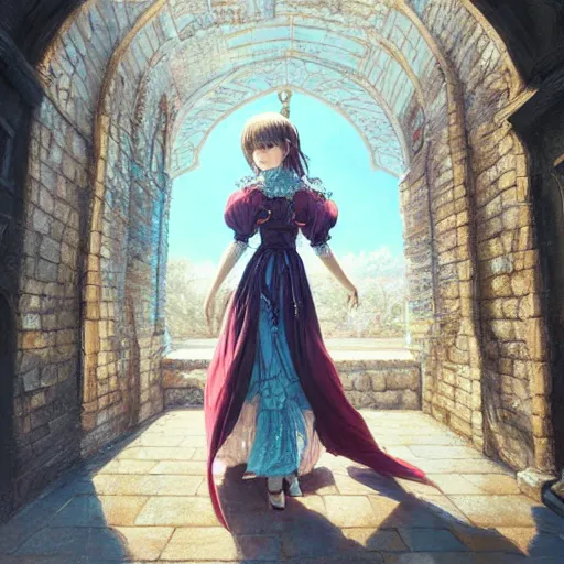 Prompt: beautiful young girl in intricate clothing by artgerm, walking in a castle painted by wlop, reflections, very high intricate details, painting, digital anime art, medium shot, mid - shot, ilya kuvshinov, krenz cushart, greg rutkowski, sana takeda