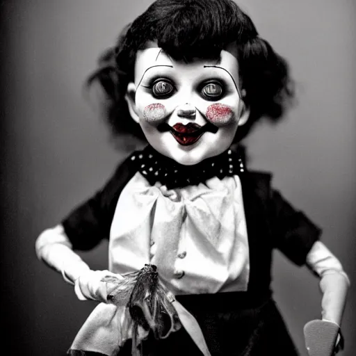 Prompt: clown ventriloquist doll smiling, ventriloquist dummy, photo, surrealistic, creepy, dark, epic, cinematic, style of atget, detailed