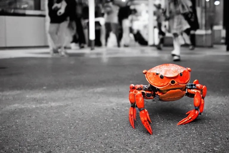 Prompt: a cute crab robot, in 2 0 0 2, at a mall, street style, royalcore, low - light photograph, photography by tyler mitchell