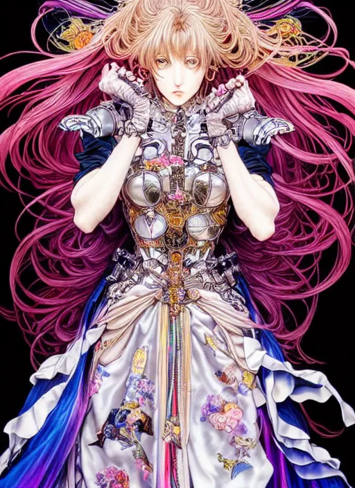 Prompt: highly detailed artstation ayami kojima anime poster of girl mechine, long hair, armor, dress, laces, ruffles, 8 k, rainbow gradient bloom, maximalist, hajime sorayama, takeshi obata, artgerm, alphonse mucha