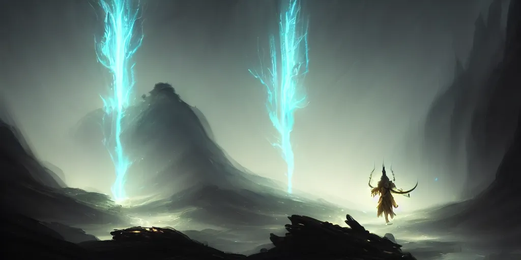 Image similar to god of light fighting against god of dark in a dark valley, nighttime, extremely detailed digital painting, in the style of fenghua zhong and ruan jia and jeremy lipking and peter mohrbacher, mystical colors, rim light, beautiful lighting, 8 k, stunning scene, raytracing, octane, trending on artstation