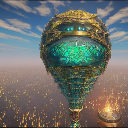 Image similar to enormous flying city in a gigantic faberge egg, sky, steampunk, floating islands, fantasy art, unreal engine,