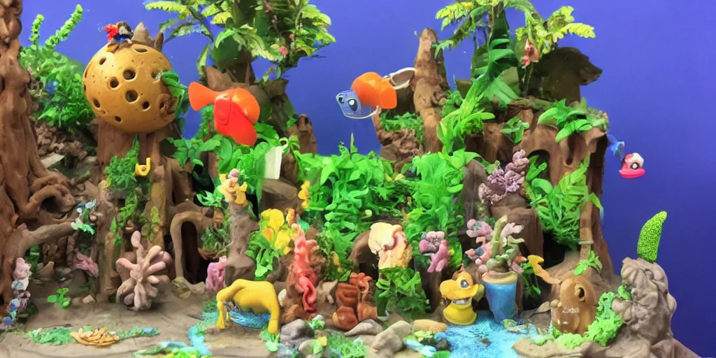 Image similar to side view of tropical fish tank, wallace and gromit wrong trousers. mechanical. plasticine models. clay sculptures. figures. wet surface. bubble out of a shell