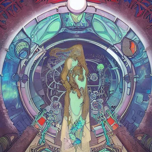 Image similar to cyberpunk cryo chamber at the bottom of the sea by guillermo del toro and alphonse mucha and arcane, lab environment background, art nouveau, science fiction, ultra wide angle, wet, rich colors