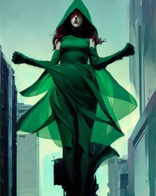 Prompt: Joshua Middleton comic art, Jeremy Mann art, artgerm, cinematics lighting, beautiful Anna Kendrick supervillain, green dress with a black hood, angry, symmetrical face, Symmetrical eyes, full body, flying in the air over city, night time, red mood in background