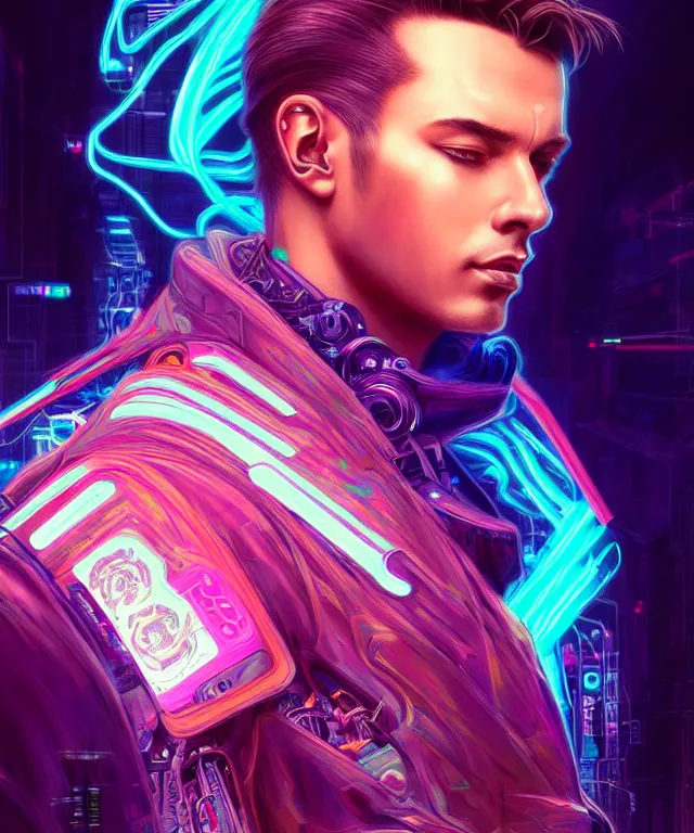 Image similar to a man wearing netrunner clothing, extremely detailed face, cyberpunk, cybernetic, cyborg, vaporwave aesthetic, synthwave, flowing hair, colorful, psychedelic, intricate, elegant, highly detailed, digital painting, artstation, concept art, smooth, sharp focus, illustration, art by artgerm and greg rutkowski and alphonse mucha