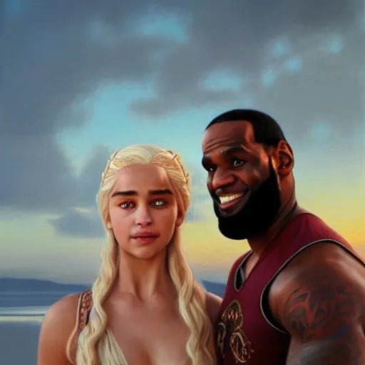 Image similar to beautiful serene intricate portrait of daenerys targaryen and lebron james taking a selfie, smiling softly, relaxing on the beach, golden hour, soft focus, 8 k, art by irakli nadar, hyperrealism, hyperdetailed, ultra realistic