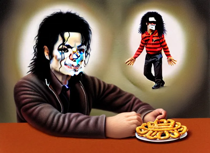 Image similar to michael jackson made of pretzel, matte painting, 3 - d highly detailed, in the style of mark ryden,