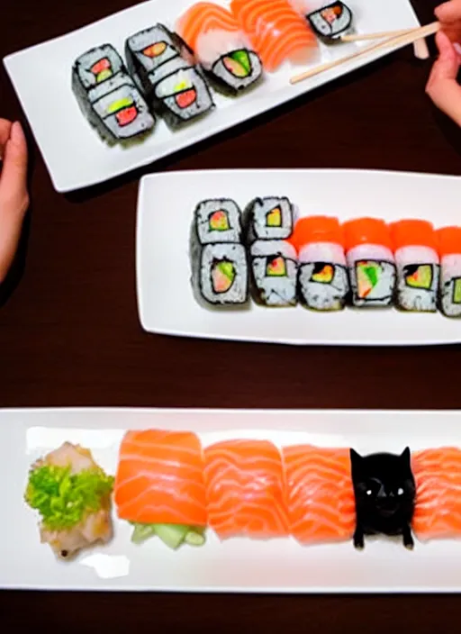 Image similar to clear photorealistic picture of adorable cats eating sushi made out of sushi