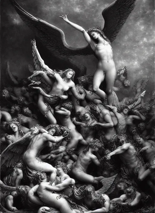 Prompt: fallen angels, epic scene, photorealistic, highly detailed, texture, soft light, dramatic, moody, ambient, painting by gustave dore