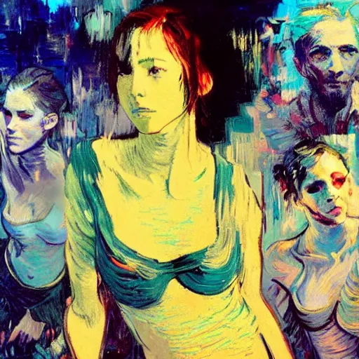 Image similar to portrait of beautiful girl sensual dancing, ecstatic, wonderful techno party, shades of blue, utopia, by by greg rutkowski, by jeremy mann, by francoise nielly, by vincent van gogh