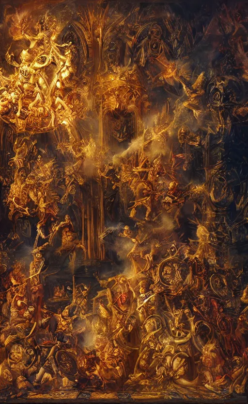 Prompt: 'Deamons Invade The Holy See' by István Sándorfi royally decorated, whirling smoke, embers, gold encrustations , gilt silk torn fabric, radiant colors, fantasy, perfect lighting, studio lit, micro details,