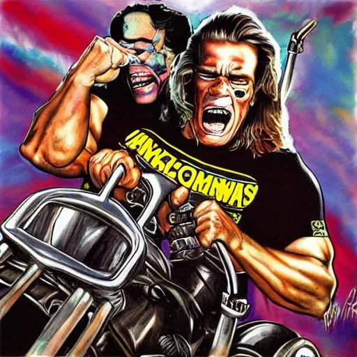 Prompt: thrash metal album cover with arnold schwarzenegger riding a motorcycle by ed repka