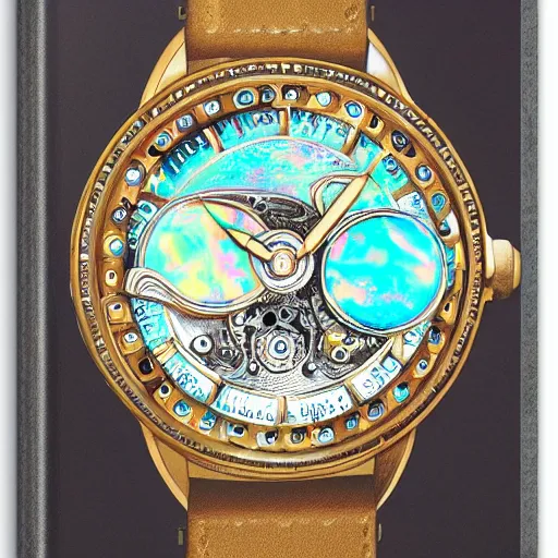 Prompt: detailed illustration of celestial watch from the far future with 3 7 descending dials and multiple glowing watch faces, mother of pearl opal, year 2 5 0 0, style of norman rockwell