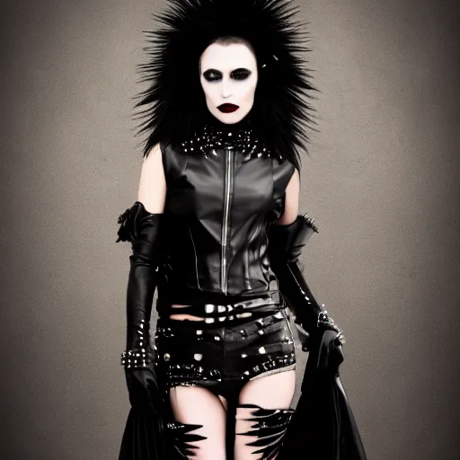 Image similar to a woman in a black leather outfit with spikes on her head, a high fashion character portrait by christen dalsgaard, featured on behance, gothic art, androgynous, genderless, gothic