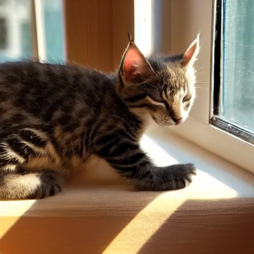 Prompt: my kitten sleeping by the window in the sunlight